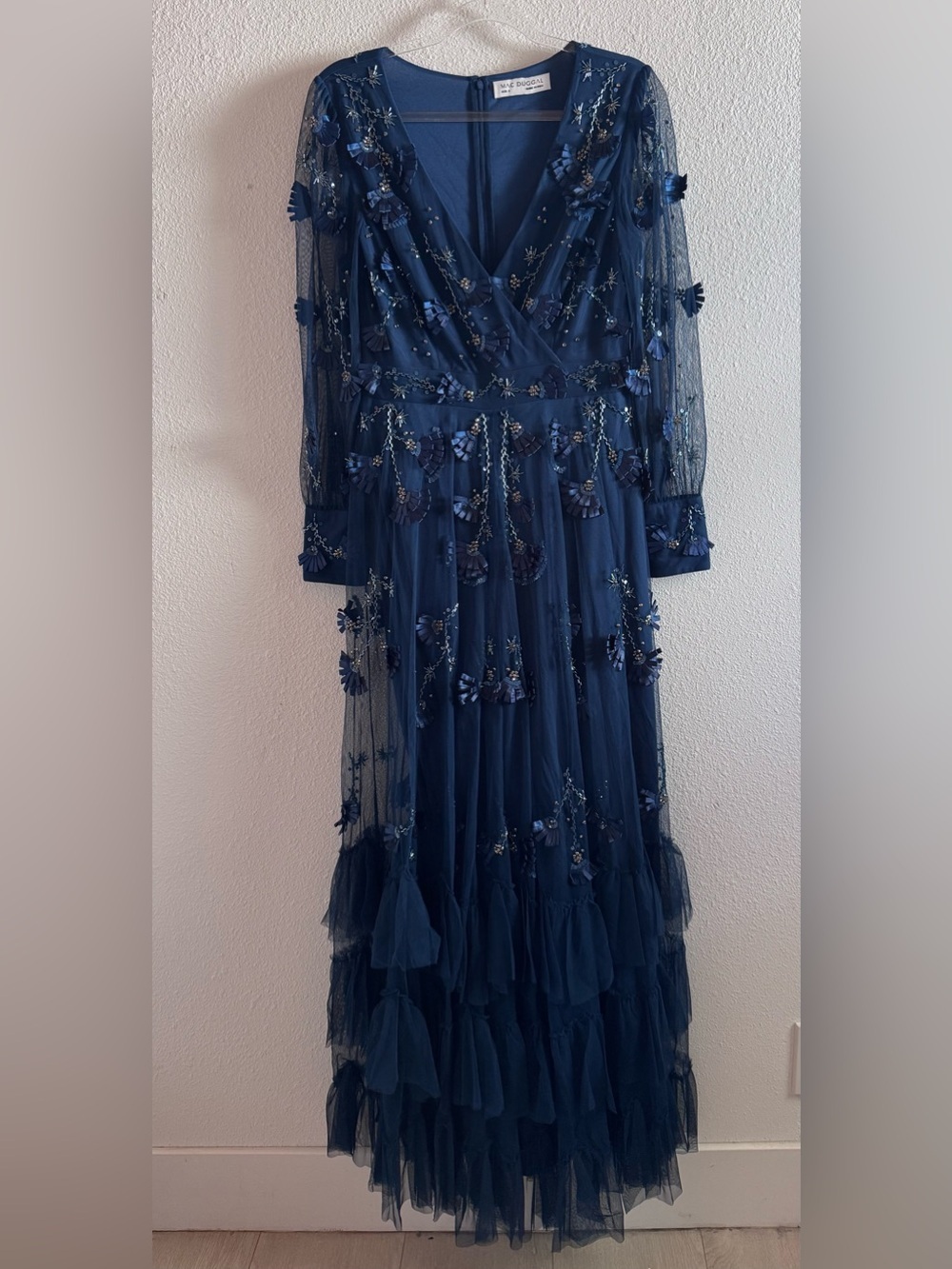 NWOT MAC DUGGAL Navy Mesh Long Sleeve V-Neck Tiered A Line Gown Sz: 8 #9256 - Picture 4 of 11